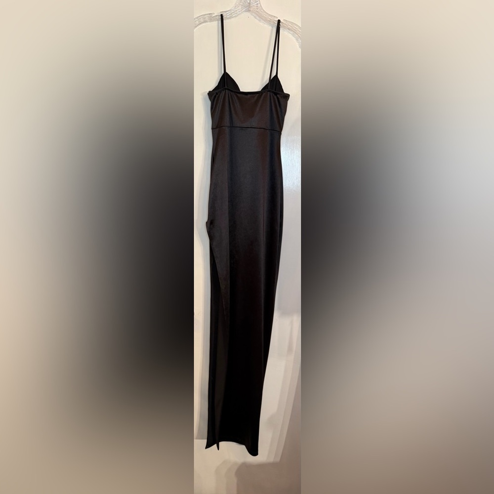 Windsor Black Cowl Neckline Thigh High Slit Formal Satin Dress - Size S - Picture 3 of 9
